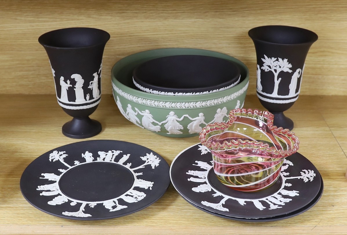 A Wedgwood black basalt pair vases, bowls, 3 plates and green bowl and glass bowl, vase 18 cms high